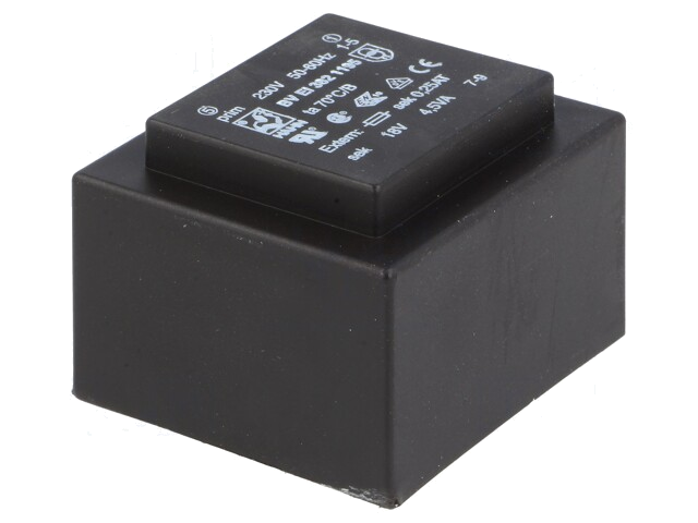 Transformator: ingegoten; 4,5VA; 230VAC; 18V; 250mA; PCB; BVEI Transformator: ingegoten; 4,5VA; 230VAC; 18V; 250mA; PCB; BVEI